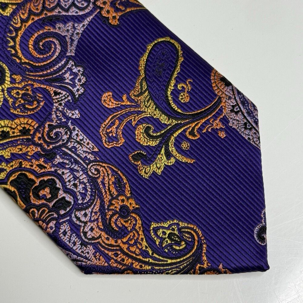 Henri Picard Mens Tie Purple Orange Paisley Vintage Woven Striped Lining Retro
